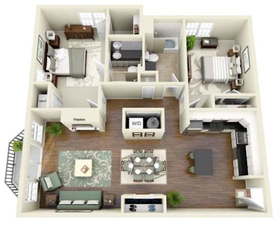 A 3D floor plan of a house with a living room, kitchen, and two bedrooms.