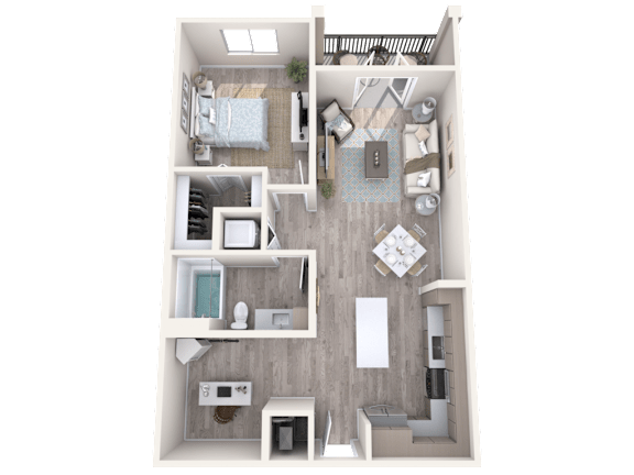 A top down view of a small apartment with a bedroom, living room, and kitchen.