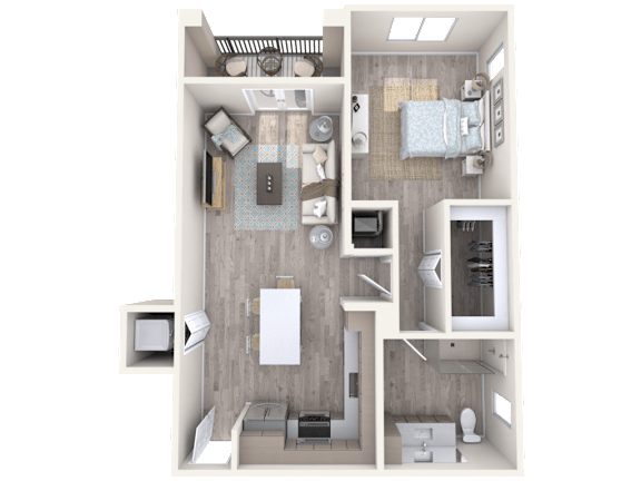 A 3D floor plan of a small apartment with a kitchen, living room, and bathroom.