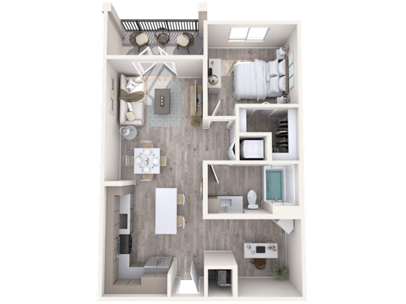 A 3D floor plan of a small apartment with a kitchen, living room, and bathroom.