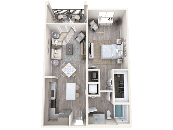 A 3D rendered image of a house layout.