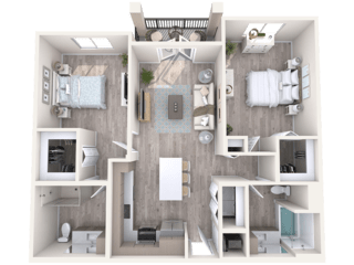 A 3D floor plan of a house with a kitchen, living room, and bedrooms.