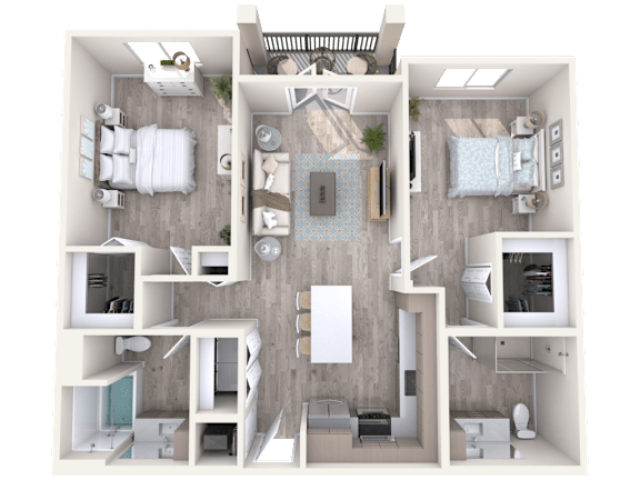 A top-down view of a modern apartment layout.