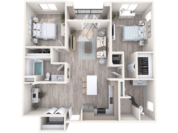 A top-down view of a small apartment with a kitchen, living room, and bedrooms.
