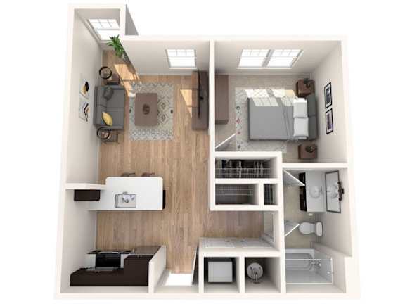 A 3D floor plan of a small apartment with a kitchen, living room, and bathroom.