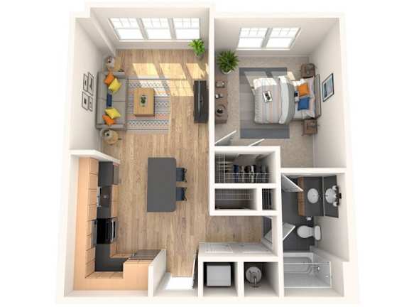 A 3D floor plan of a small apartment with a kitchen, living room, and bathroom.