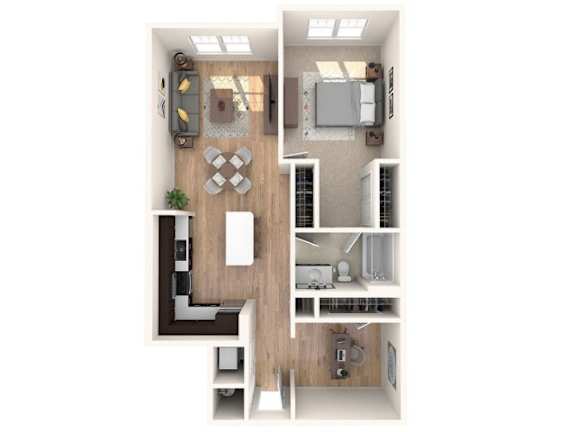 A top-down view of a modern kitchen and living room.