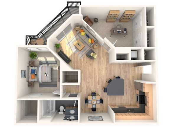 A 3D floor plan of a small apartment with a kitchen, living room, and bathroom.