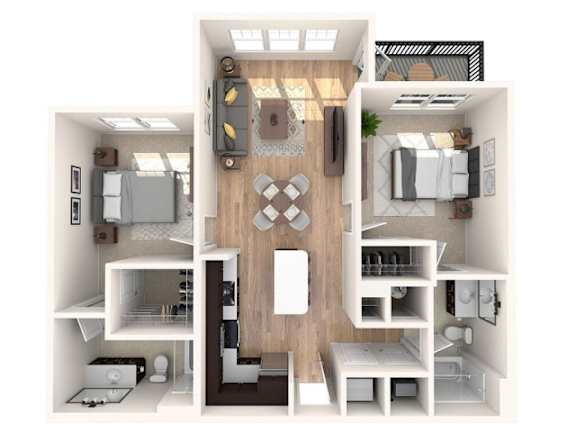 A 3D floor plan of a small apartment with a kitchen, living room, and bathroom.