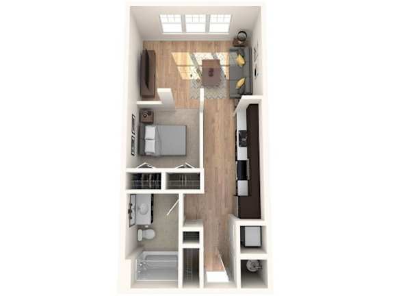 A top-down view of a small apartment with a kitchen, living room, and bathroom.