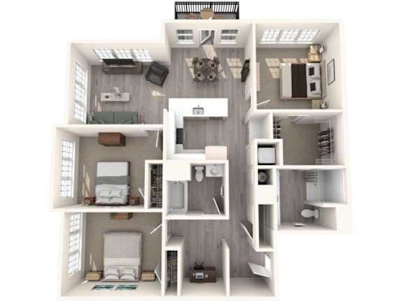 A 3D floor plan of a small apartment with a kitchen, living room, and bathroom.