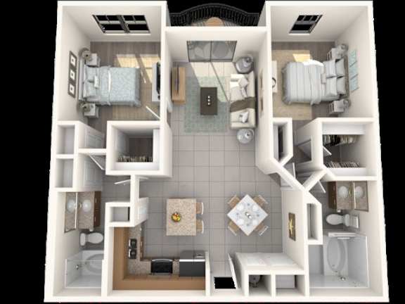 A 3D model of a small apartment with a kitchen, living room, and bathroom.