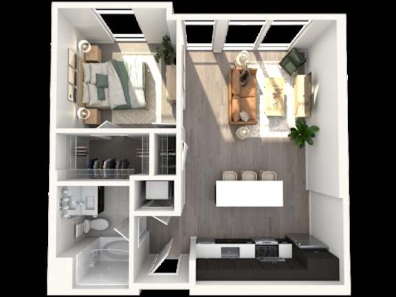 A 3D floor plan of a small apartment with a kitchen, living room, and bathroom.
