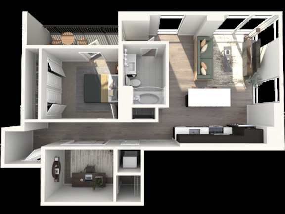 A 3D rendered image of a modern apartment layout.