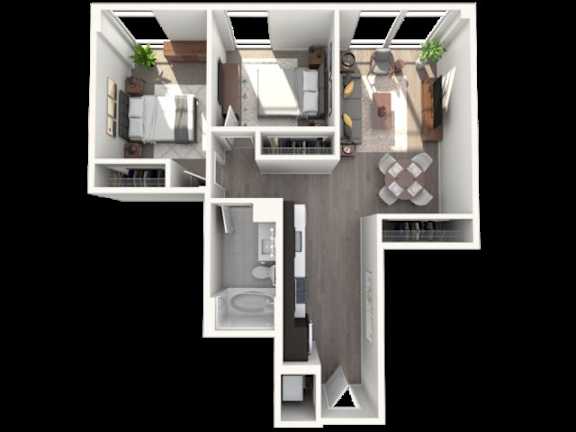 A 3D floor plan of a house with a kitchen, living room, and bathroom.
