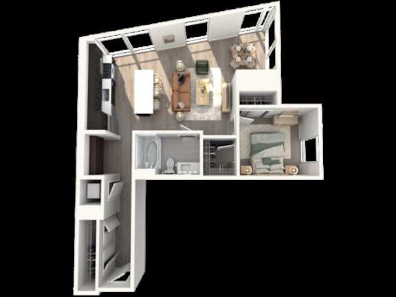 A 3D image of a house layout with a kitchen, living room, and bathroom.