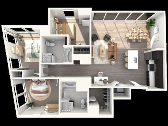 A 3D rendered image of a modern apartment layout.