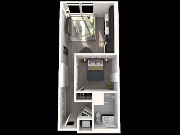 A 3D rendered image of a small, modern apartment.