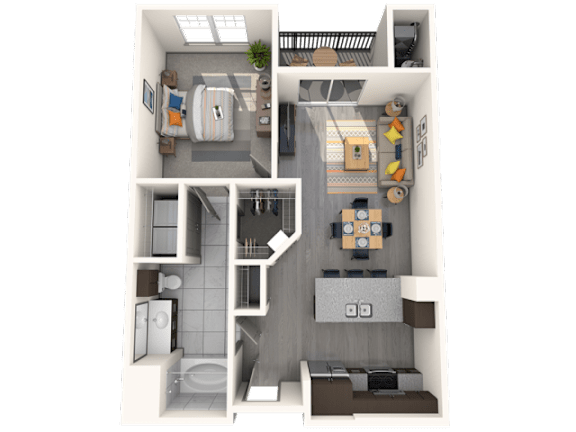 A 3D floor plan of a small apartment with a kitchen, living room, and bathroom.