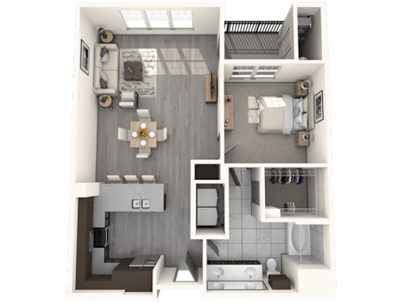 A 3D floor plan of a small apartment with a kitchen, living room, and bathroom.