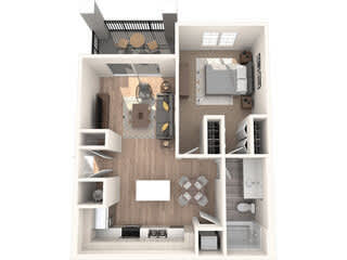 A 3D floor plan of a small apartment with a kitchen, living room, and two bedrooms.