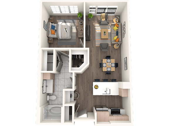 A 3D floor plan of a small apartment with a kitchen, living room, and bathroom.