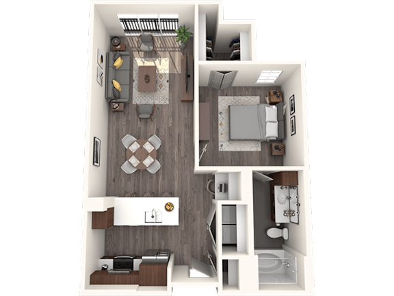 A 3D floor plan of a small apartment with a kitchen, living room, and bathroom.