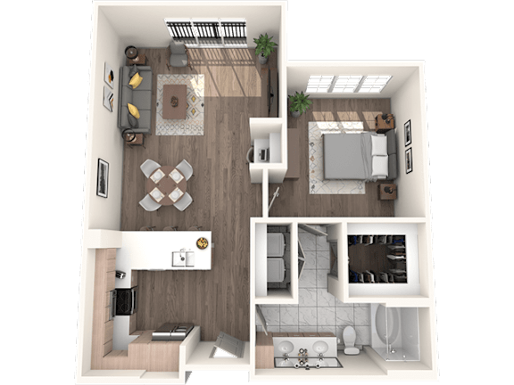 A 3D floor plan of a small apartment with a kitchen, living room, and bathroom.