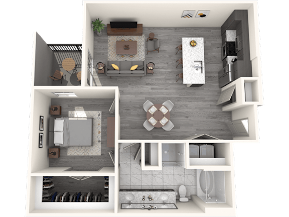 A 3D floor plan of a small apartment with a kitchen, living room, and bathroom.