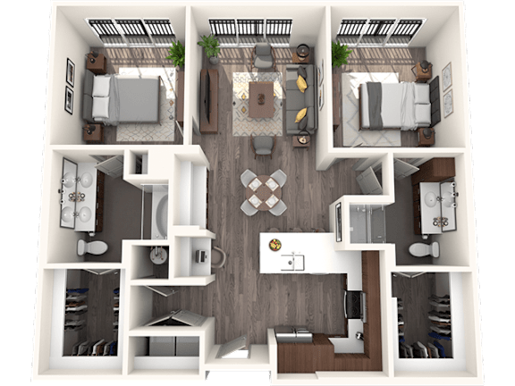 A 3D floor plan of a house with a kitchen, living room, dining room, and two bedrooms.