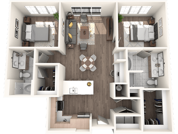 A 3D floor plan of a house with a kitchen, living room, dining room, and bedrooms.