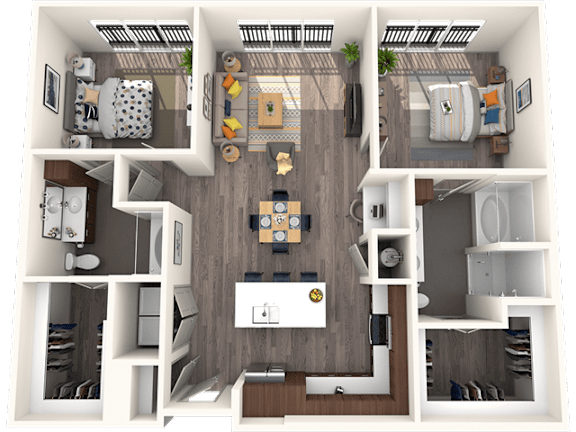 A top-down view of a small apartment with a kitchen, living room, and bedroom.