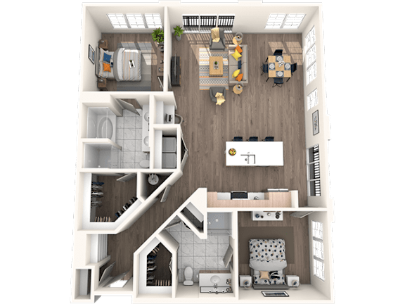 A 3D floor plan of a house showing the layout of the rooms.