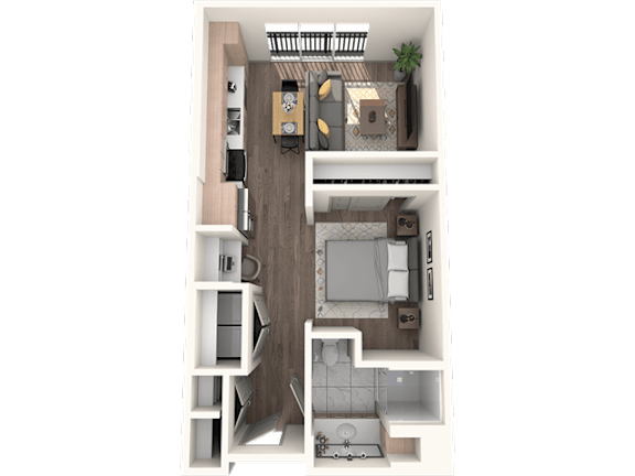 A top down view of a small apartment with a kitchen, living room, and bathroom.