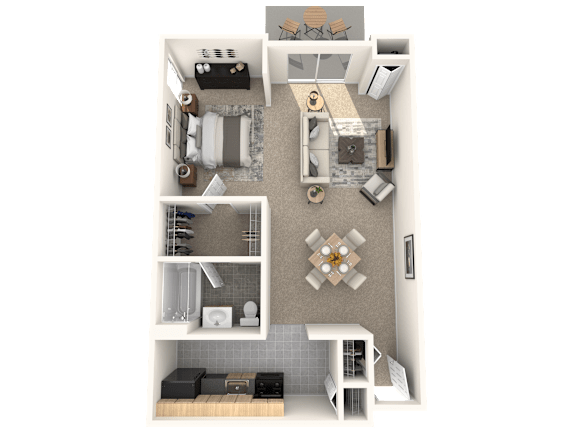 A top down view of a small apartment with a kitchen, living room, and bedroom.