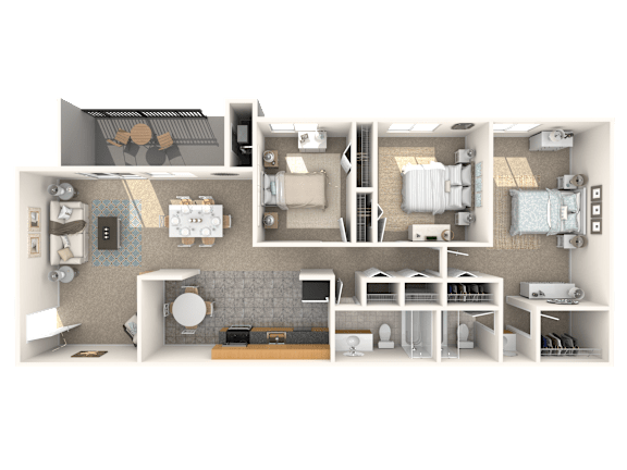 A detailed 3D floor plan of a house showing all rooms and furniture.