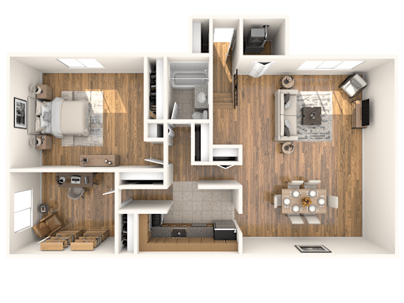 A 3D rendered image of a modern apartment layout.