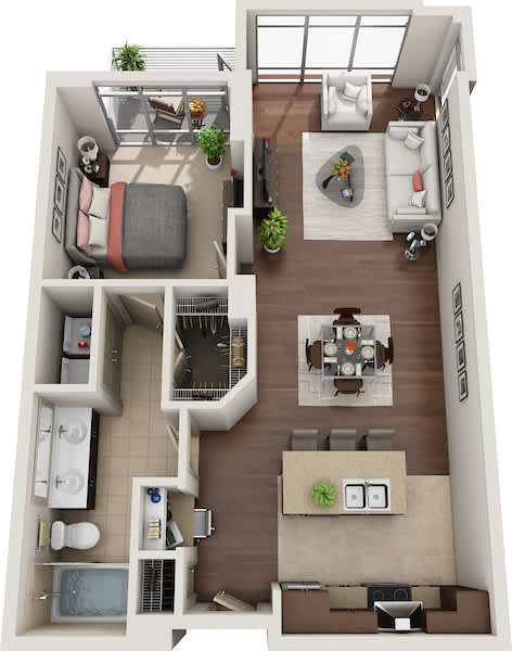 A top-down view of a small apartment with a living room, kitchen, and bathroom.