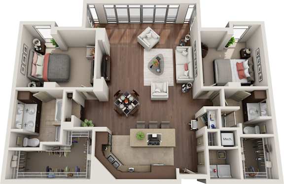 A 3D floor plan of a house with a kitchen, living room, and two bedrooms.