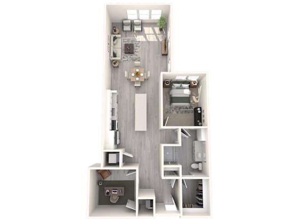 A 3D floor plan of a small apartment with a kitchen, living room, and bathroom.