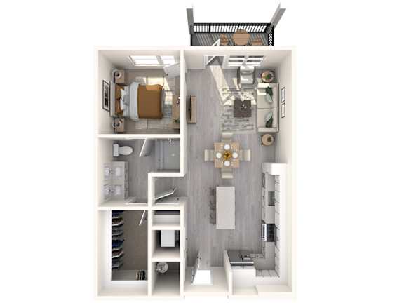 A 3D floor plan of a small apartment with a kitchen, living room, and bathroom.