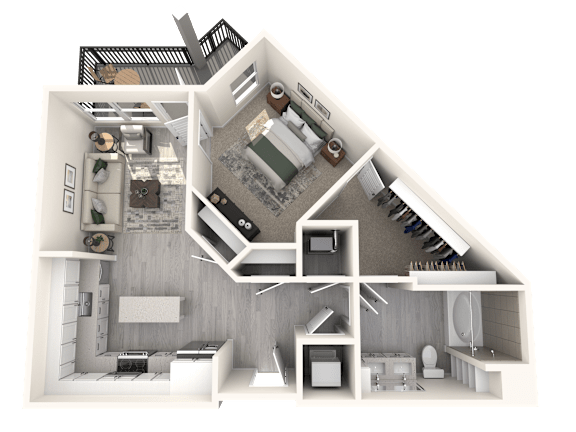 A 3D rendered image of a house layout.