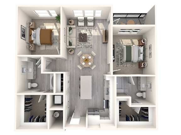 A 3D floor plan of a house showing a kitchen, living room, and bedrooms.
