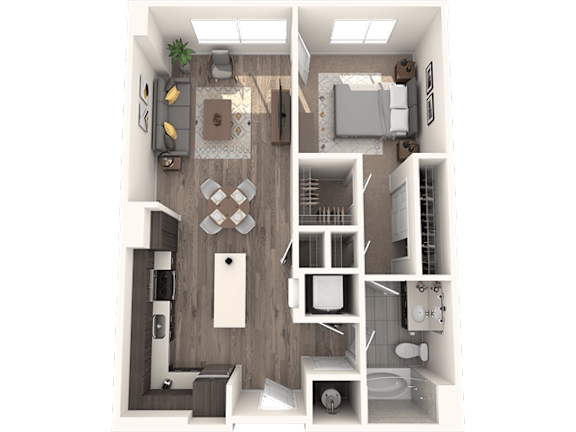 A 3D rendered image of a small apartment layout.