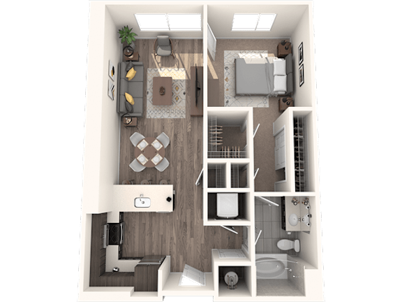 A top-down view of a small apartment with a living room, kitchen, and bathroom.