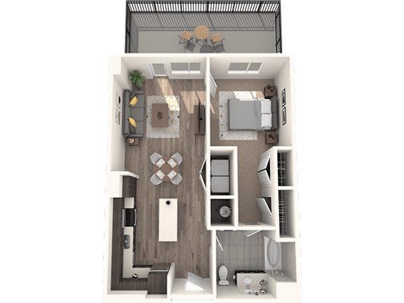 A top-down view of a small apartment with a living room, kitchen, and bathroom.