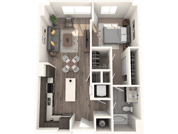 A 3D rendered image of a modern apartment layout.