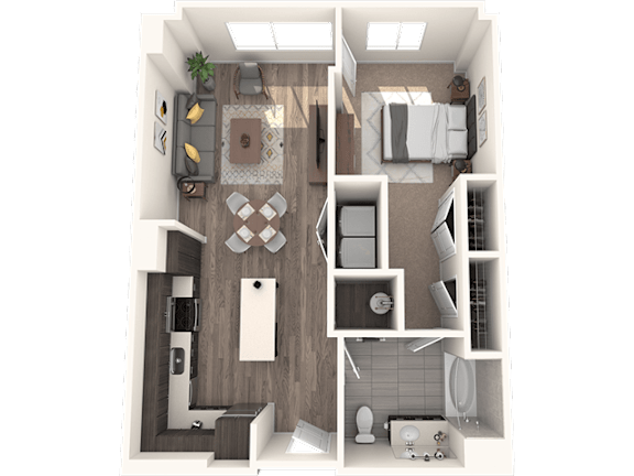 A 3D rendered image of a modern apartment layout.
