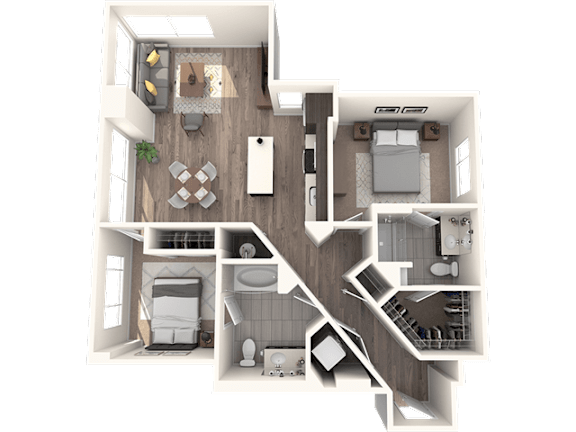 A 3D floor plan of a house showing a kitchen, living room, dining room, and bedrooms.