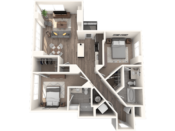 A 3D floor plan of a house with a kitchen, living room, and bedrooms.